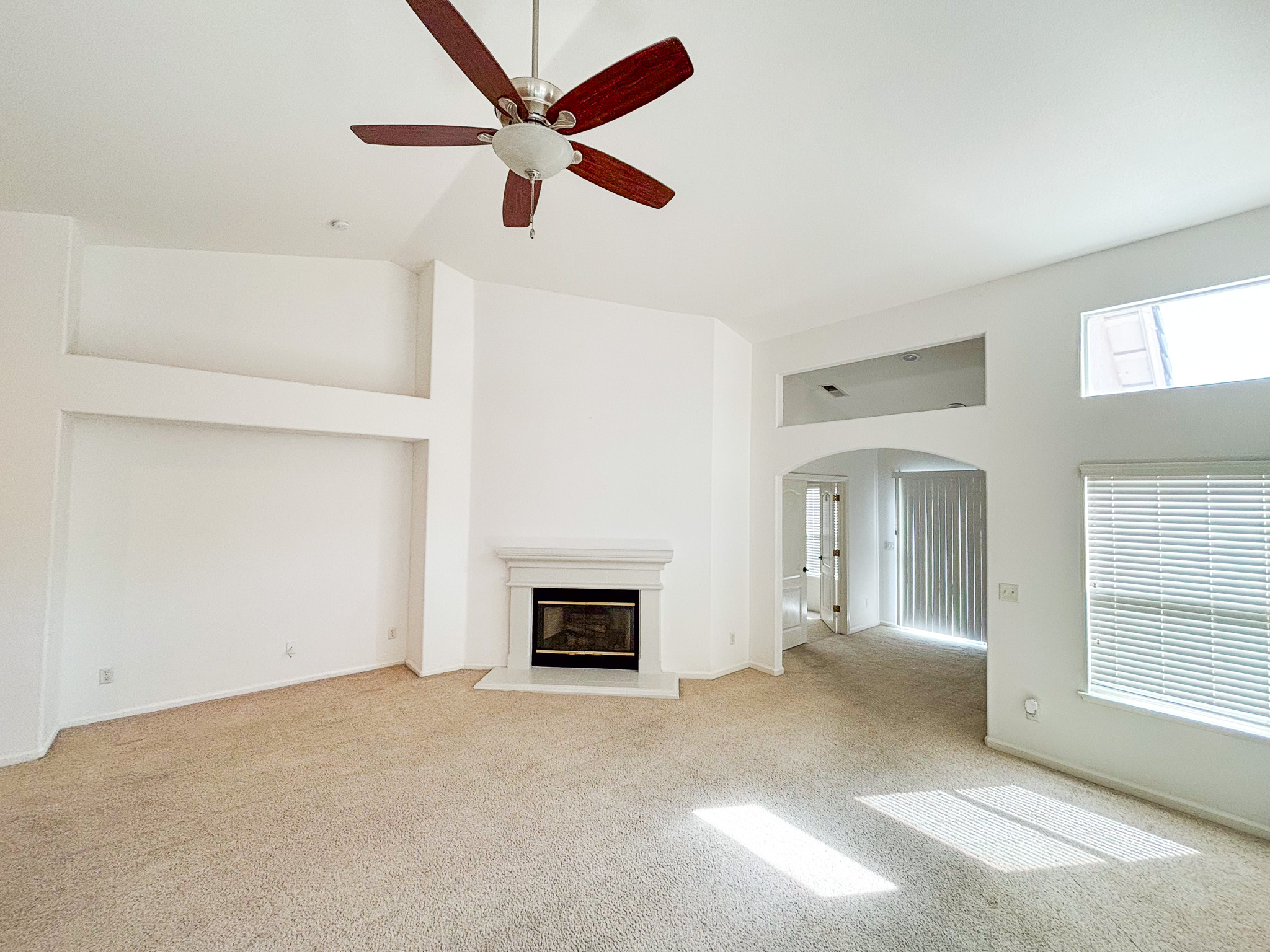 Bright living room with fireplace